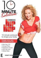 DVD cover for "10 Minute Solution: Cardio Hip Hop," featuring vibrant colors and energetic dance imagery.