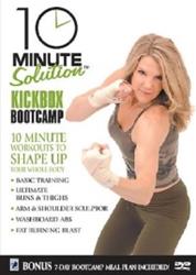 DVD cover for "10 Minute Solution: Kickbox Boot Camp," featuring dynamic kickboxing imagery and bold title text.
