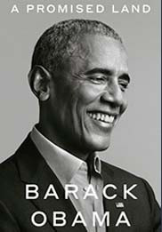 Cover of Barack Obama's book "A Promised Land," featuring his portrait and the title in bold letters against a dark background.